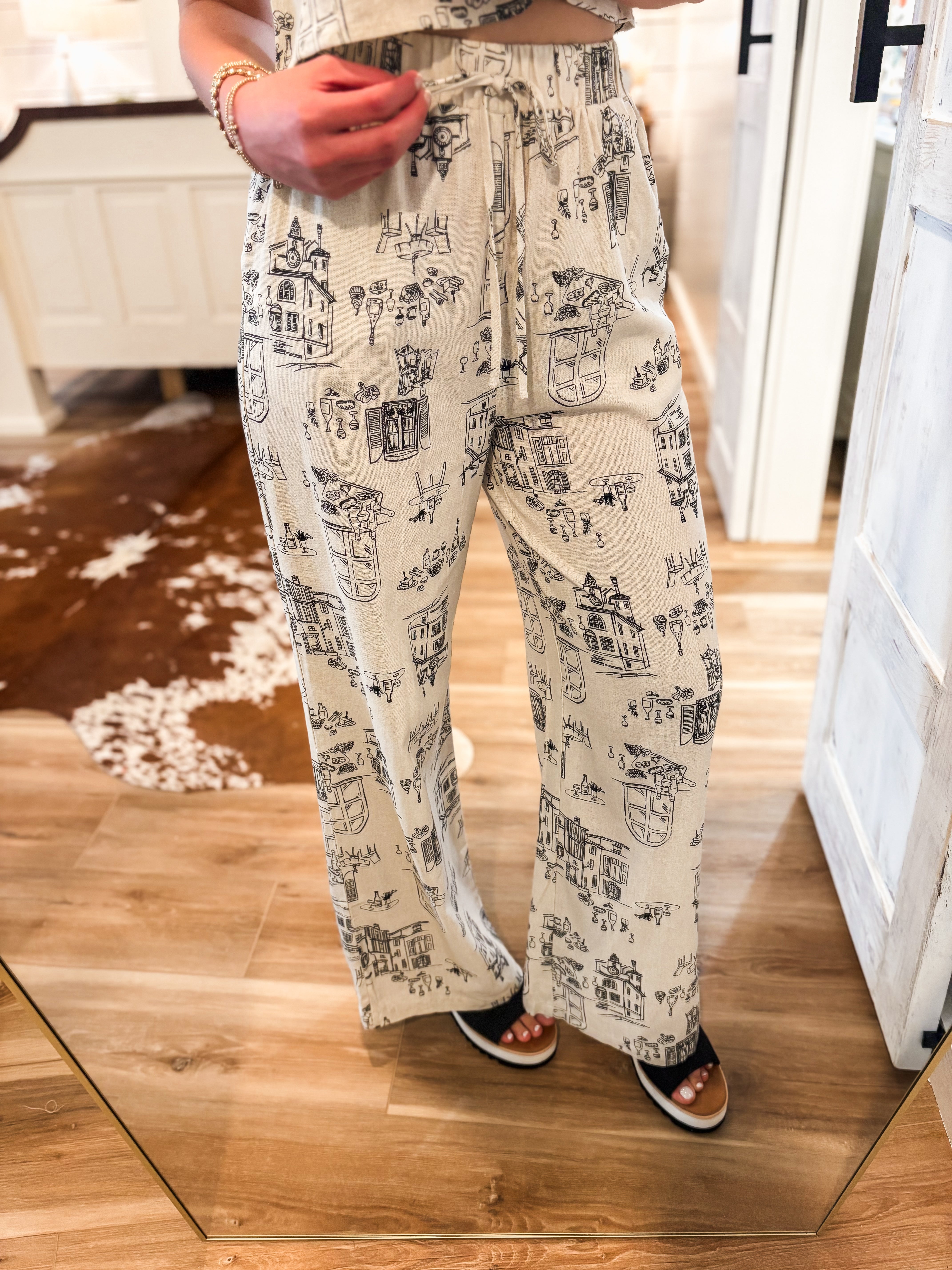 Set Sail Taupe & Black Printed Crop Top & Linen Pant Set