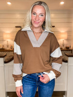 Load image into Gallery viewer, Time To Chill Mocha Color Block French Terry Pullover
