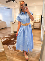 Load image into Gallery viewer, Sure Enough Blue Eyelet Trim Midi Dress
