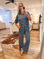 Load image into Gallery viewer, Last Wishes Navy/Powder Blue Stripe Tee &amp; Lounge Pant Set
