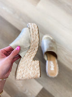 Load image into Gallery viewer, Solstice Gold Metallic Corkys Wedge Sandal
