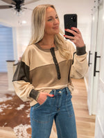 Load image into Gallery viewer, Never Misses Mocha Color Block Henley Top
