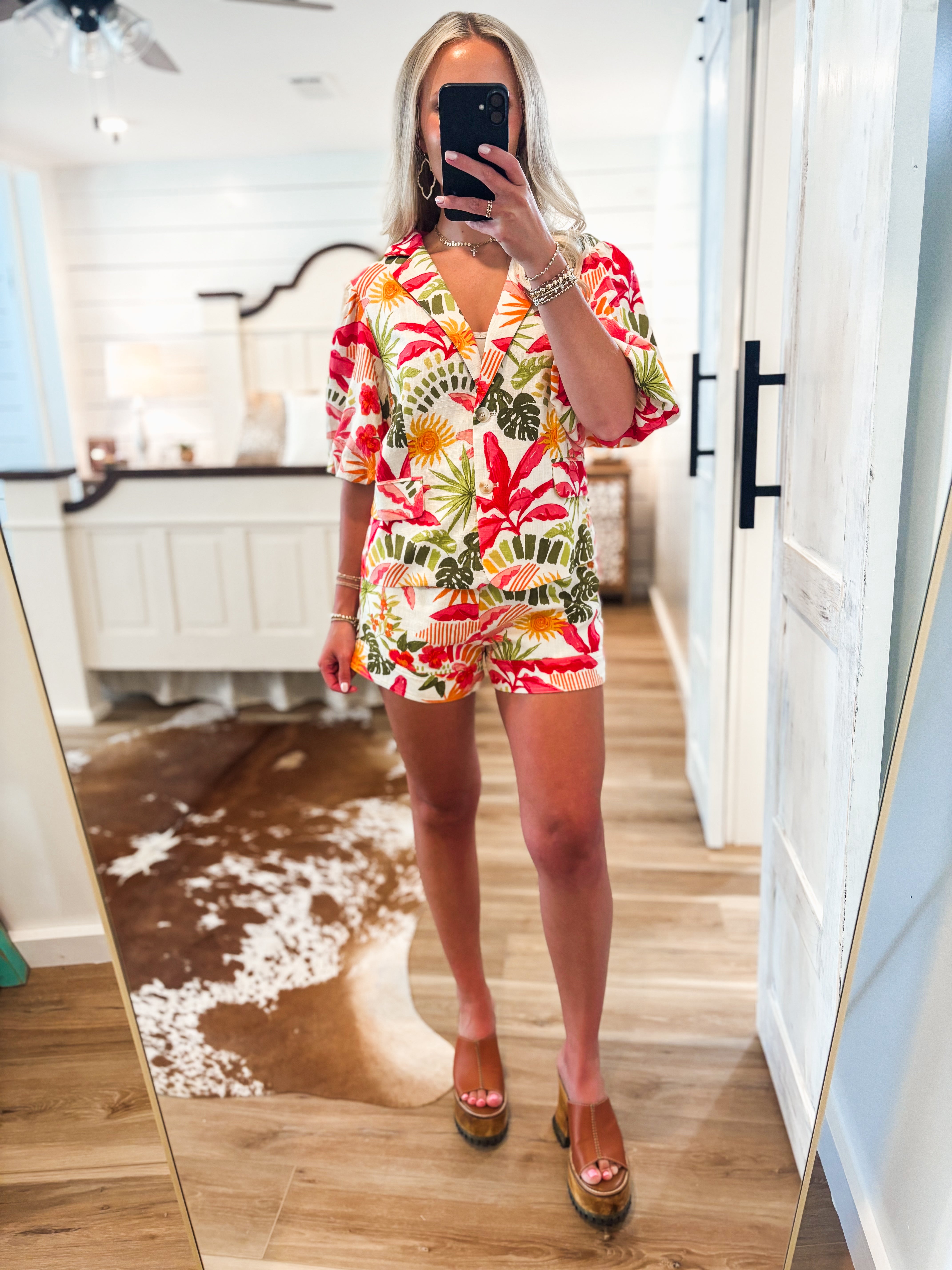Under The Palms Tropical Print Linen Blazer & Short Set
