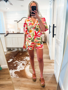 Under The Palms Tropical Print Linen Blazer & Short Set