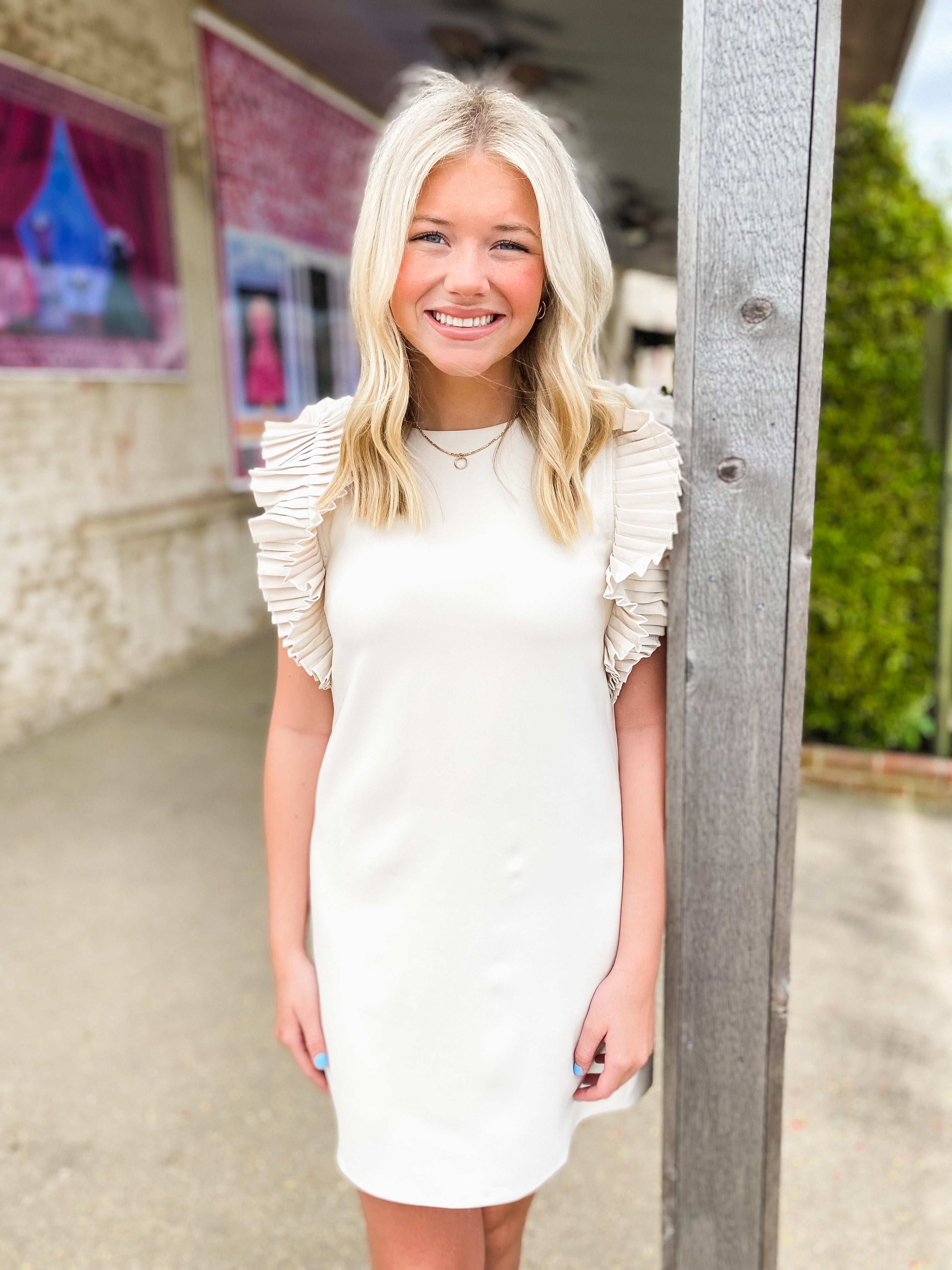 Catch You Later Cream Frill Shoulder Dress