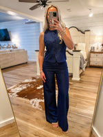 Load image into Gallery viewer, Saying Hello Denim Vest Blouse &amp; Palazzo Pant Set

