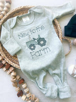 Load image into Gallery viewer, Baby Sage Romper | Baby Boy Outfit - Tractor New To The Farm
