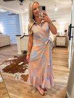 Load image into Gallery viewer, Caught Up Sherbert/Blue Stripe Wrap Midi Dress
