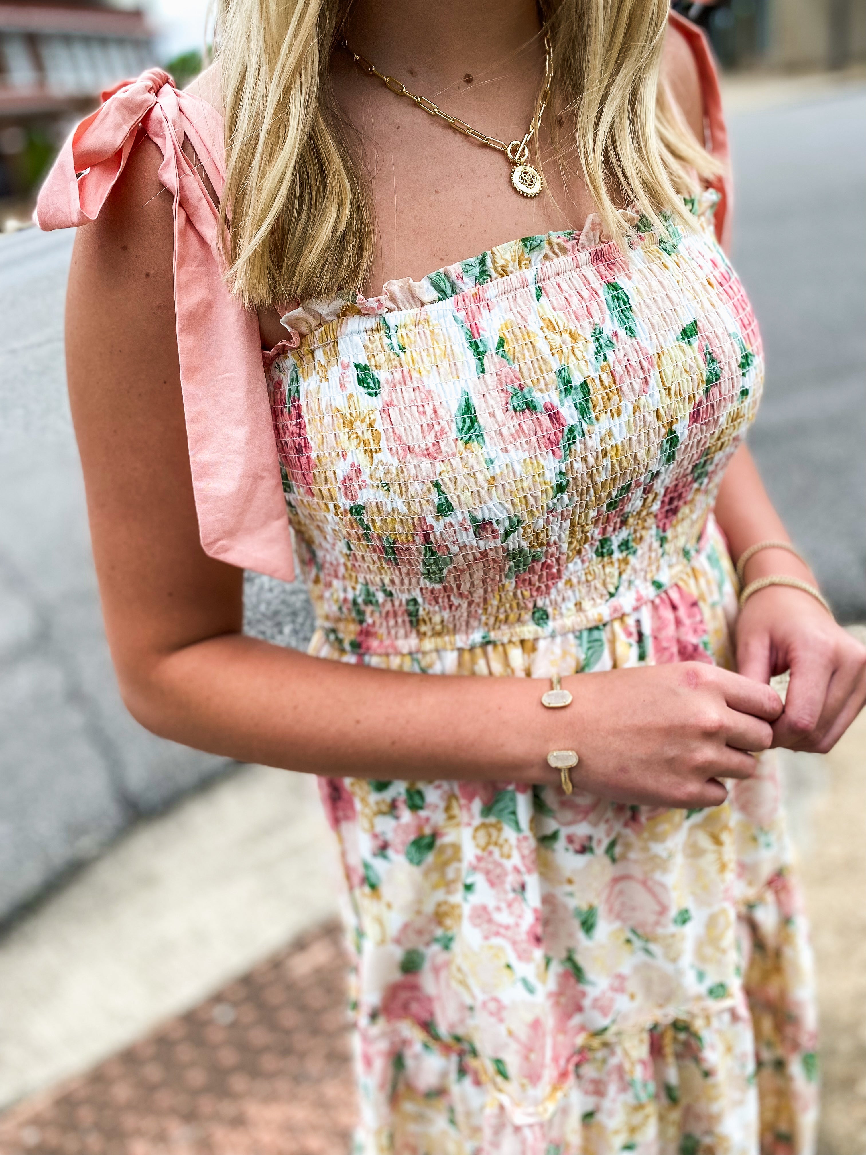 Summers On Pink and Yellow Floral Midi Dress