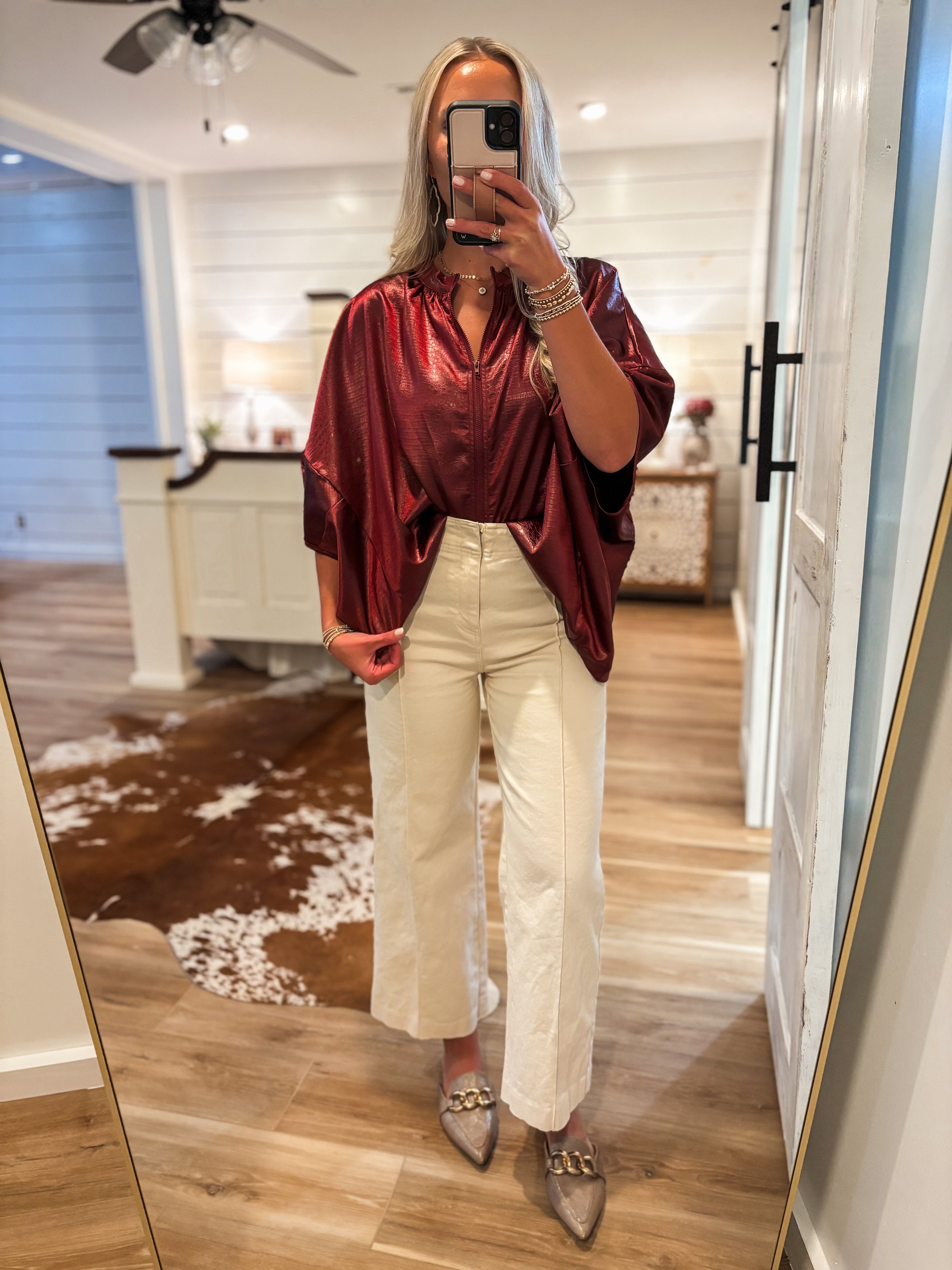 Get In Touch Burgundy Front Zip S/S Blouse