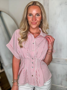 Here Now Red & White Pin Stripe Button Down Blouse