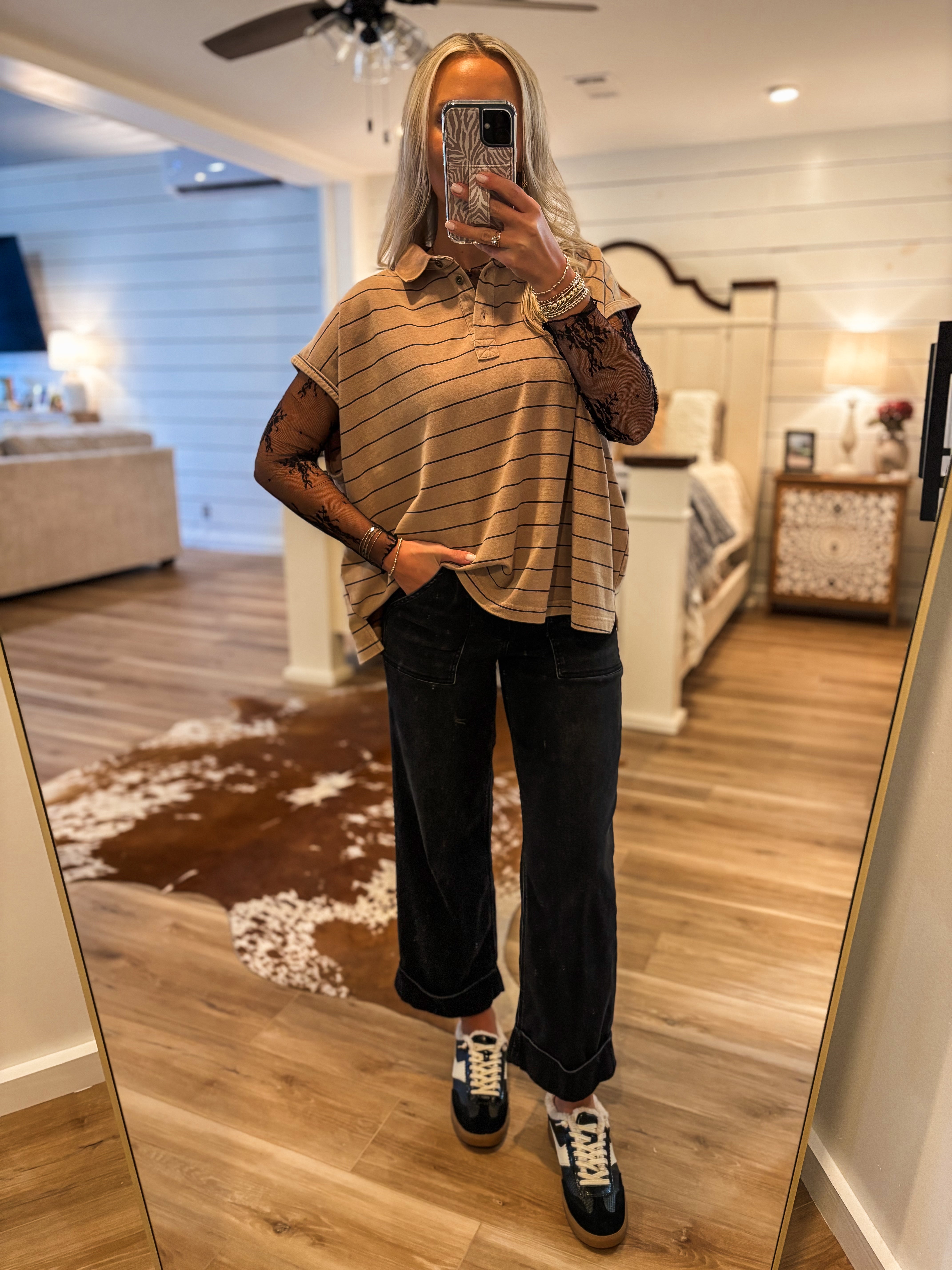 Keep Going Taupe Stripe Polo Top