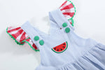 Load image into Gallery viewer, Light Blue Seersucker and Gingham Watermelon Ruffle Romper
