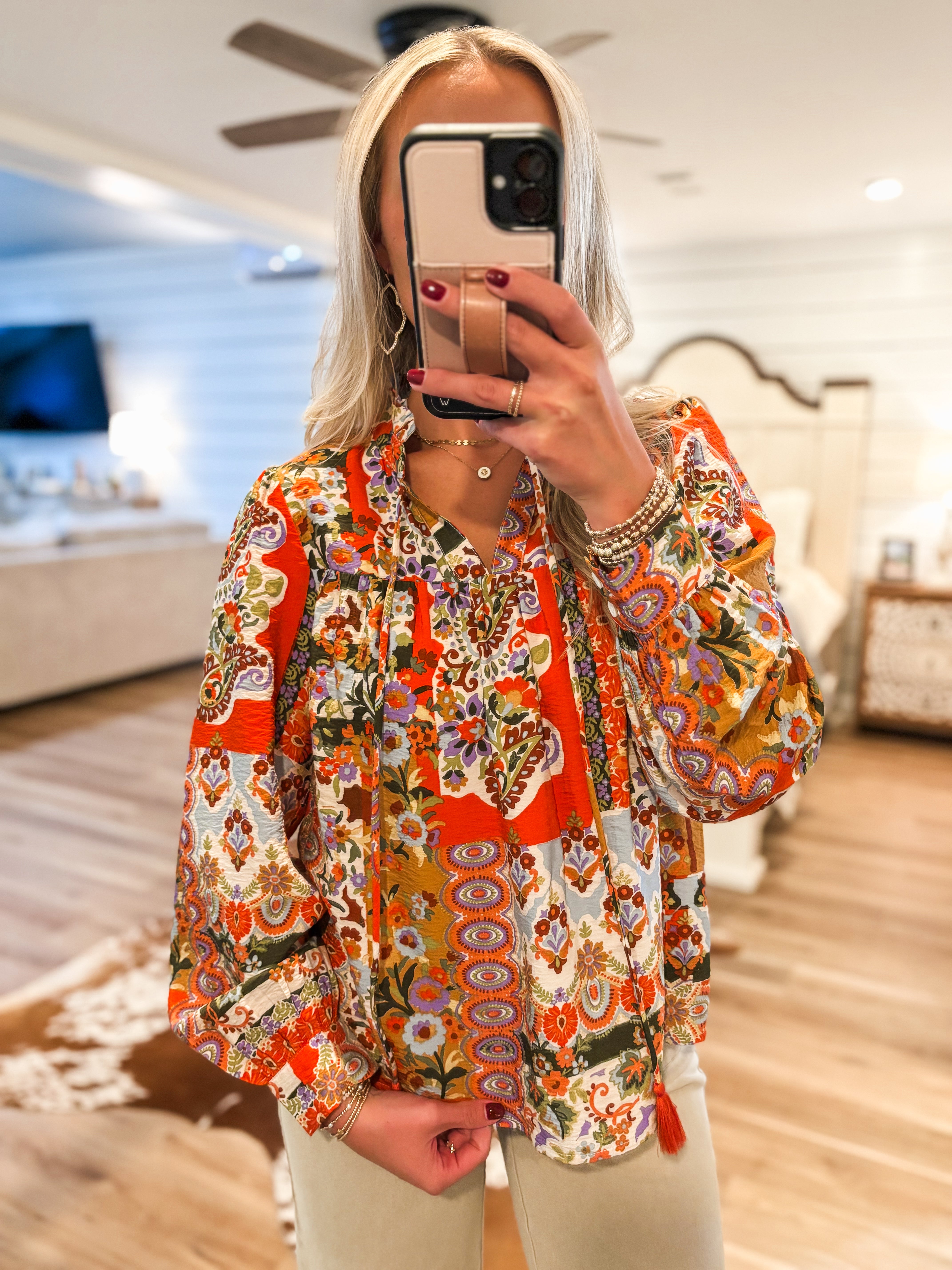 Best Chance Orange Multi Patch Print Blouse
