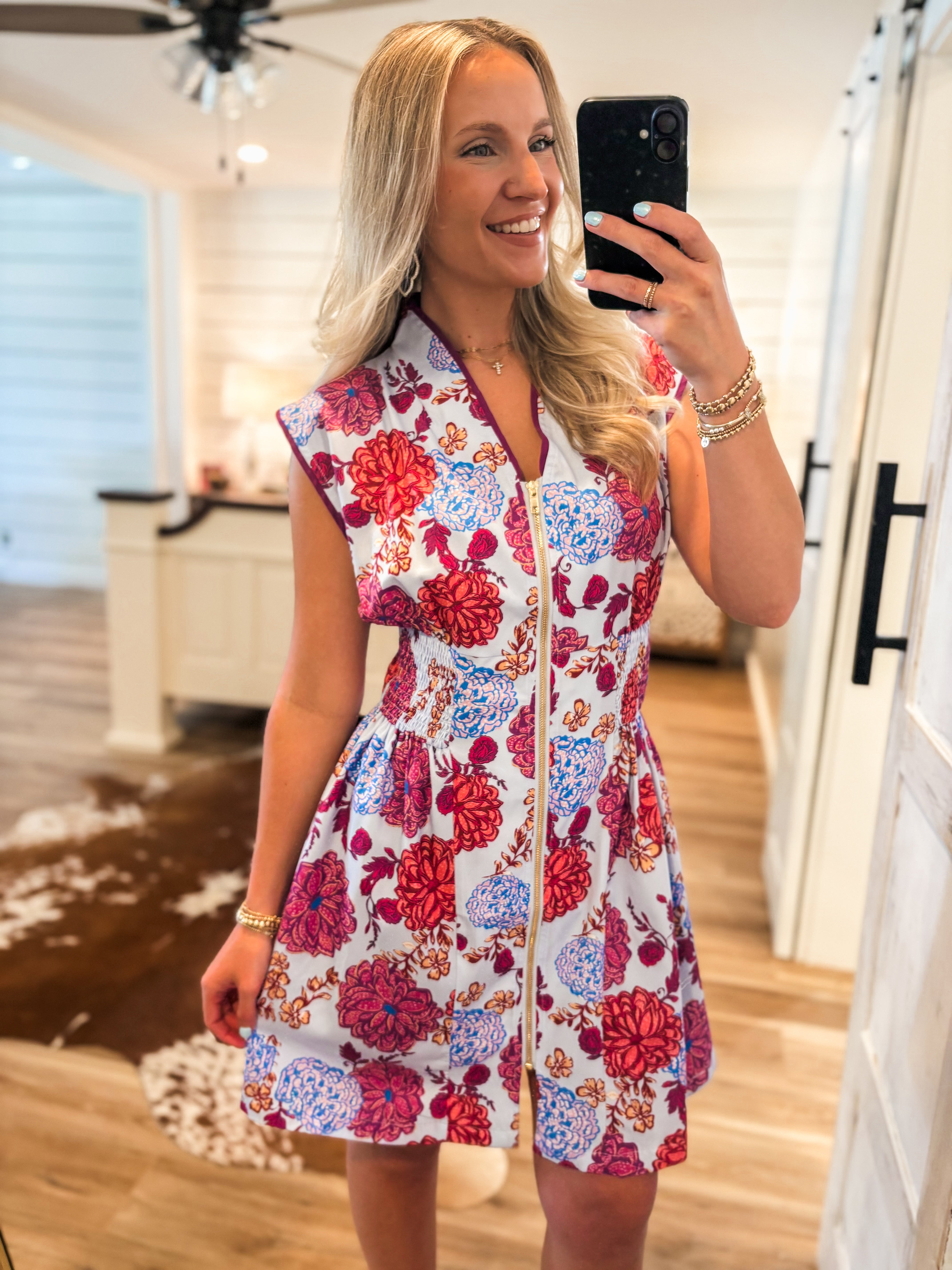 It's In The Air Blue Floral Front Zip Mini Dress