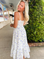 Load image into Gallery viewer, Spin Me Around White &amp; Blue Floral Midi Dress
