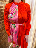 Load image into Gallery viewer, Back At It Red &amp; Pink Contrast Pleated Floral Dress
