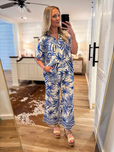 Secret Getaway Royal Blue Palm Blouse & Pant Set