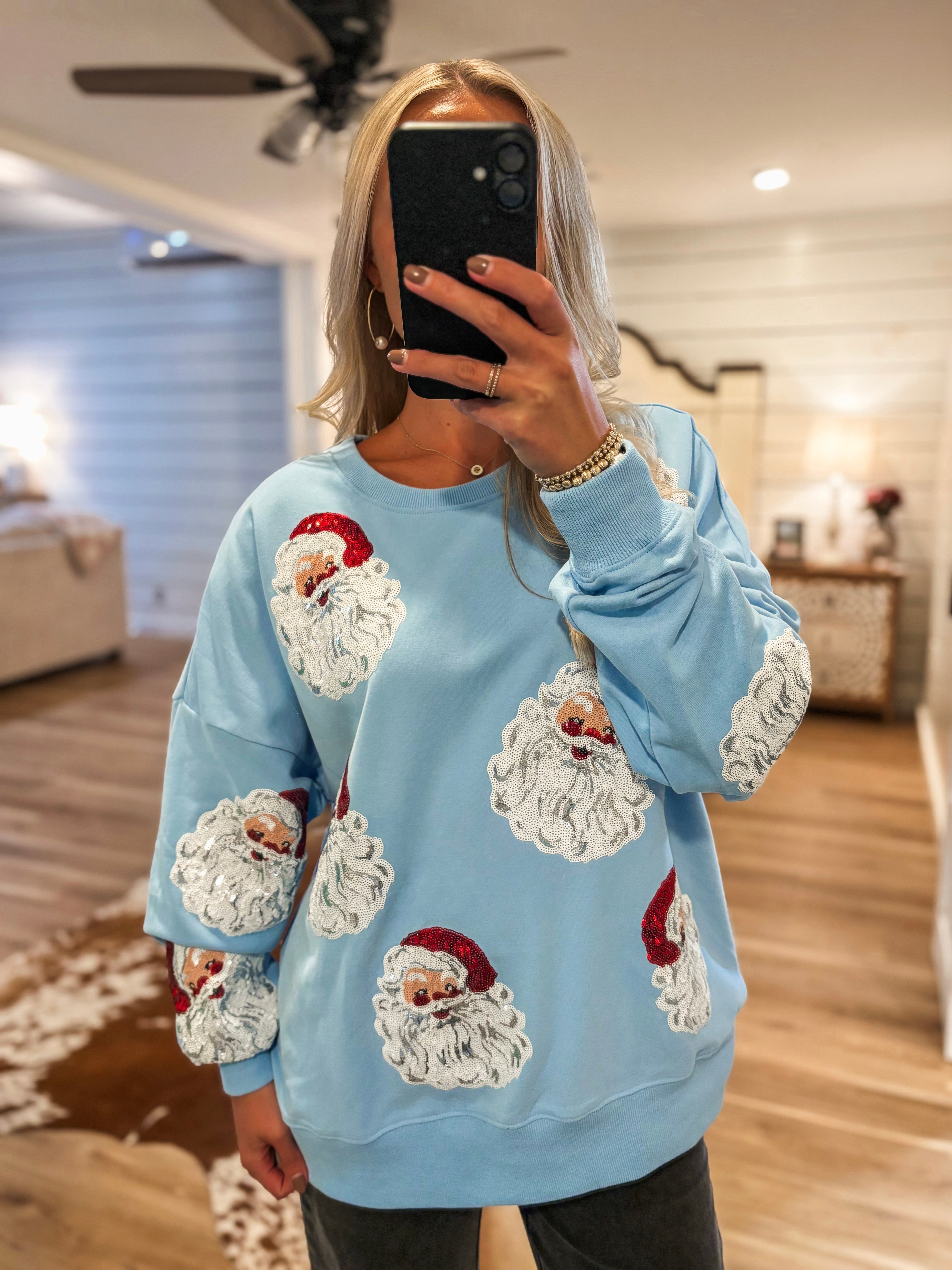 Santa Sequin Sky Blue Pullover