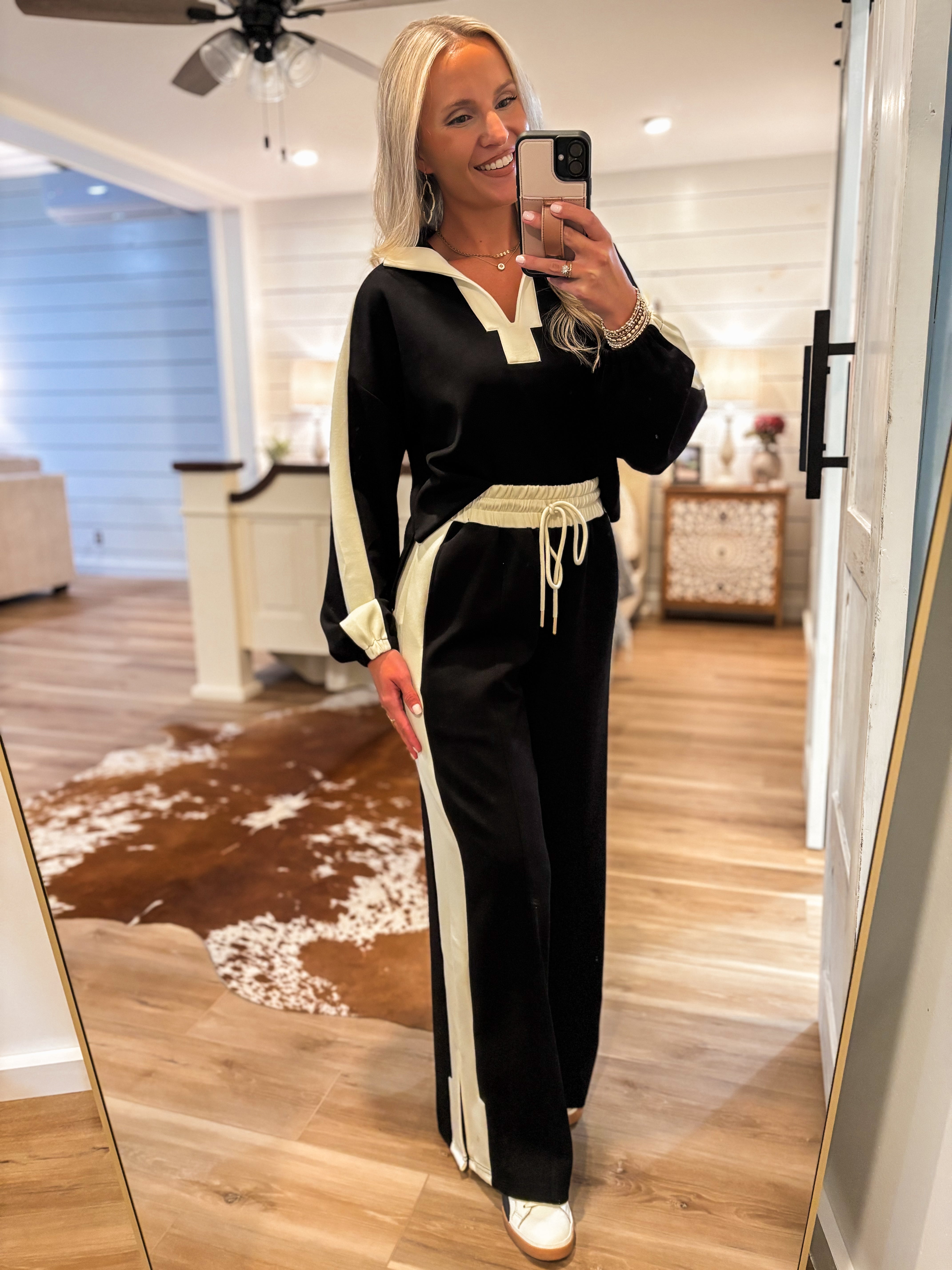 Walking On Black Contrast Pullover & Lounge Pant Set