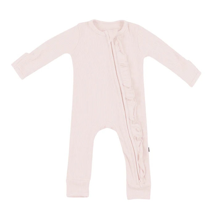 Kyte Baby Ribbed Ruffle Zipper Romper in Blush