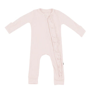 Kyte Baby Ribbed Ruffle Zipper Romper in Blush