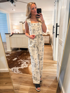 Set Sail Taupe & Black Printed Crop Top & Linen Pant Set