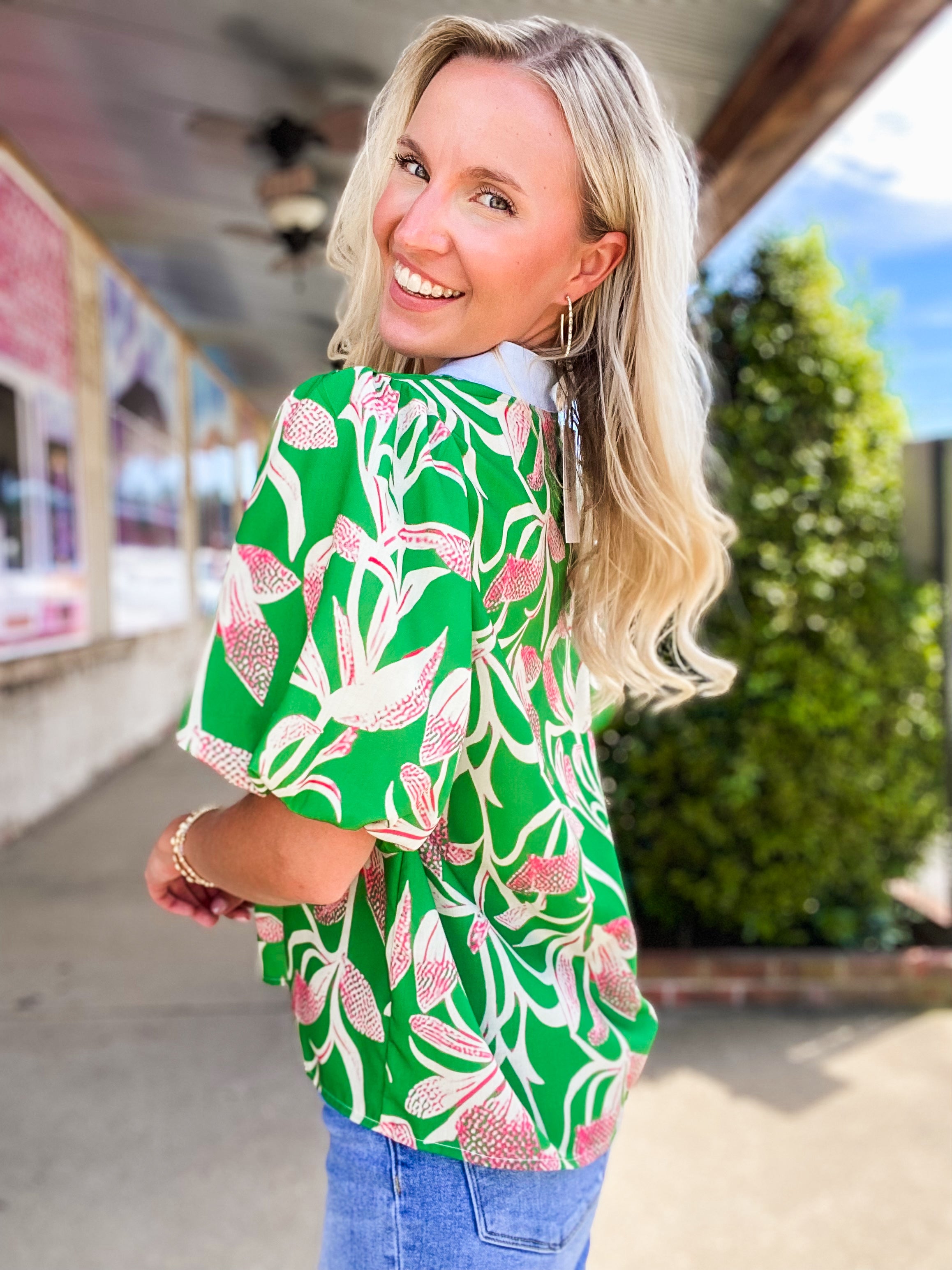 My Pace Printed Kelly Green THML Blouse