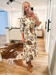 Here For It Navy Multi Paisley Midi Dress