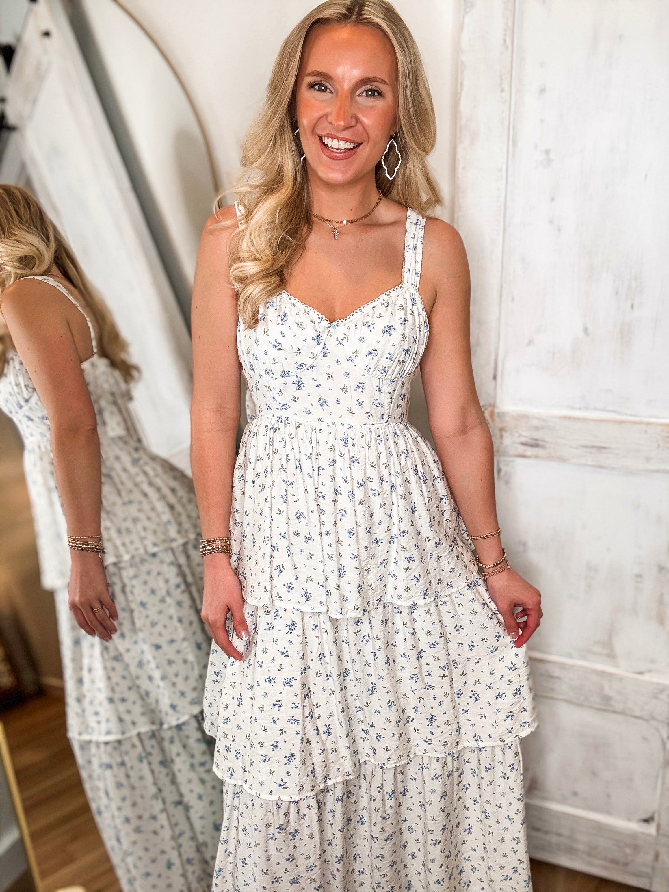Along With Me Blue Floral Corset Midi Dress