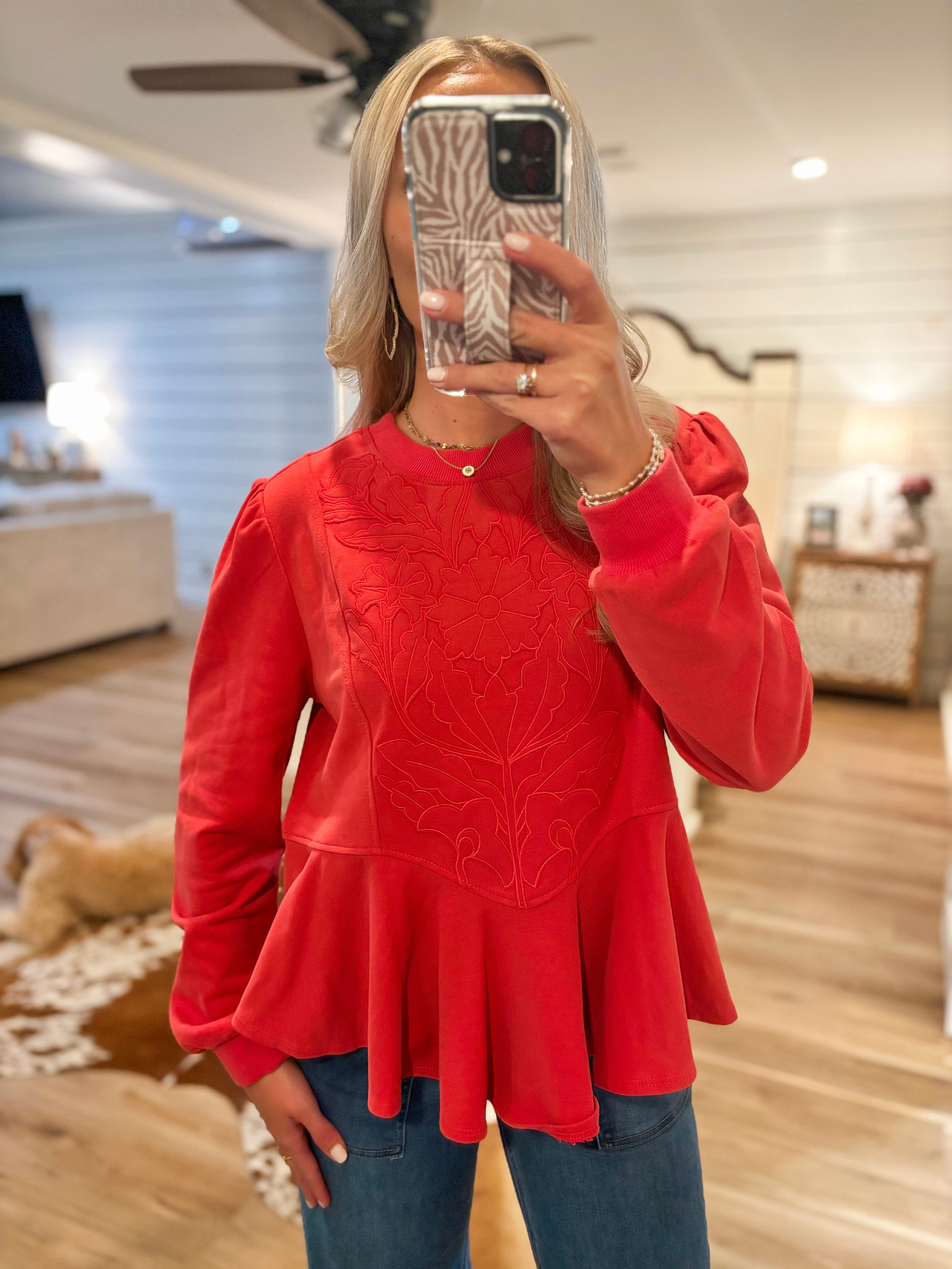 Going Along Coral Embroidered Sweatshirt Blouse