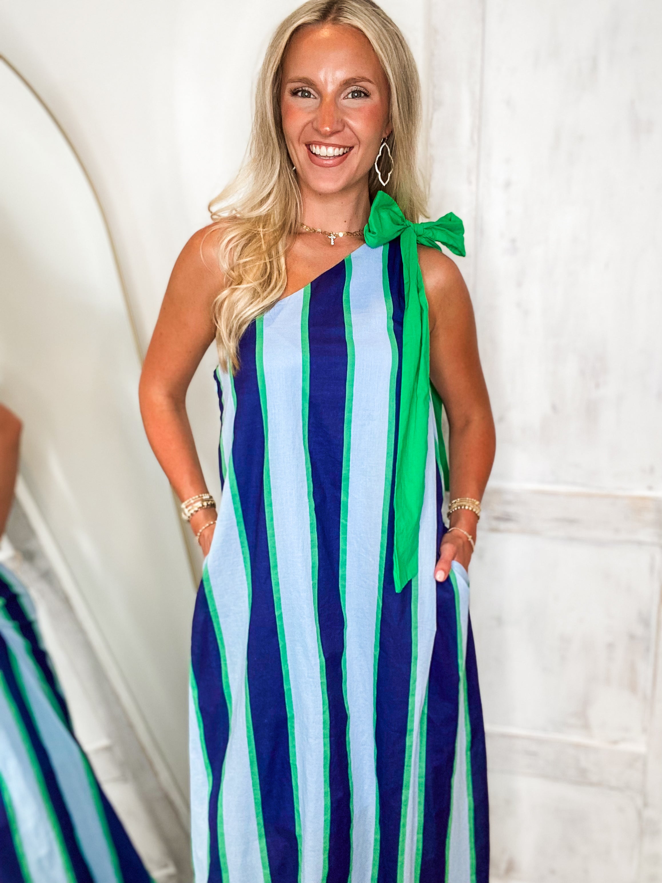 Coastal Vibes Blue-Green Stripe One Shoulder Maxi Dress – Shopaholics Only  Boutique