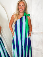 Load image into Gallery viewer, Coastal Vibes Blue-Green Stripe One Shoulder Maxi Dress
