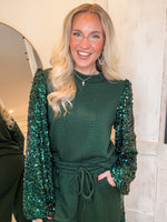 Load image into Gallery viewer, Joyous Day Hunter Green Sequin Sweater
