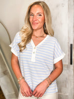 Load image into Gallery viewer, Still Here Powder Blue Stripe Henley Blouse
