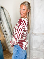Load image into Gallery viewer, Almost Late Burgundy &amp; Ivory Stripe Henley Top
