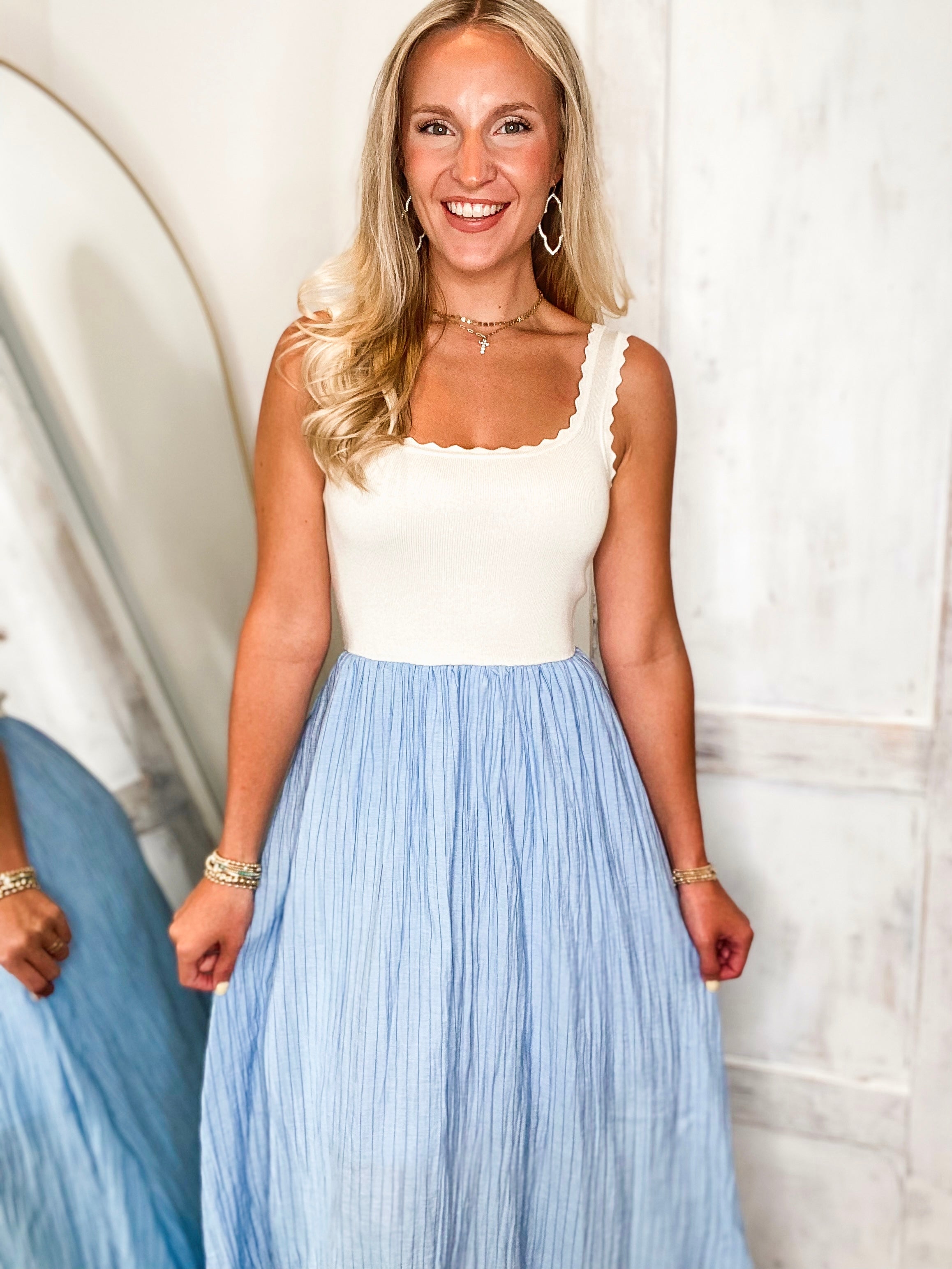 Above This Taupe & Blue Pin Stripe Midi Dress