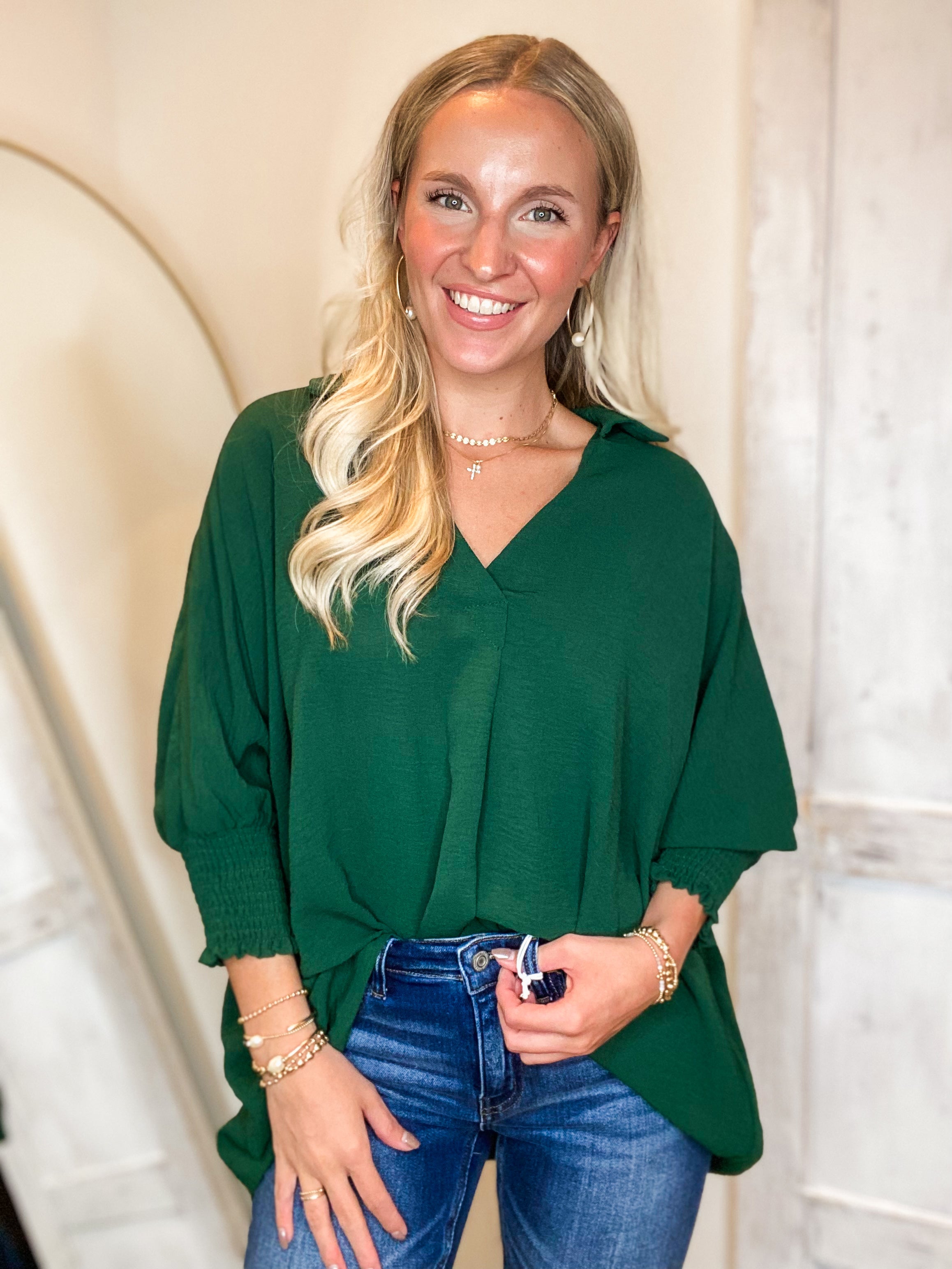 Change My Mind Forest Green Collared Blouse