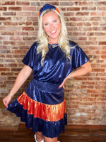 Load image into Gallery viewer, Light Of The Crowd Foil Printed Navy and Orange Metallic Dress
