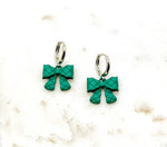 Load image into Gallery viewer, Green Quilted Bow Coquette Huggie Hoops Holiday Earrings
