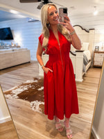 Load image into Gallery viewer, About Time Red Front Zip Midi Dress
