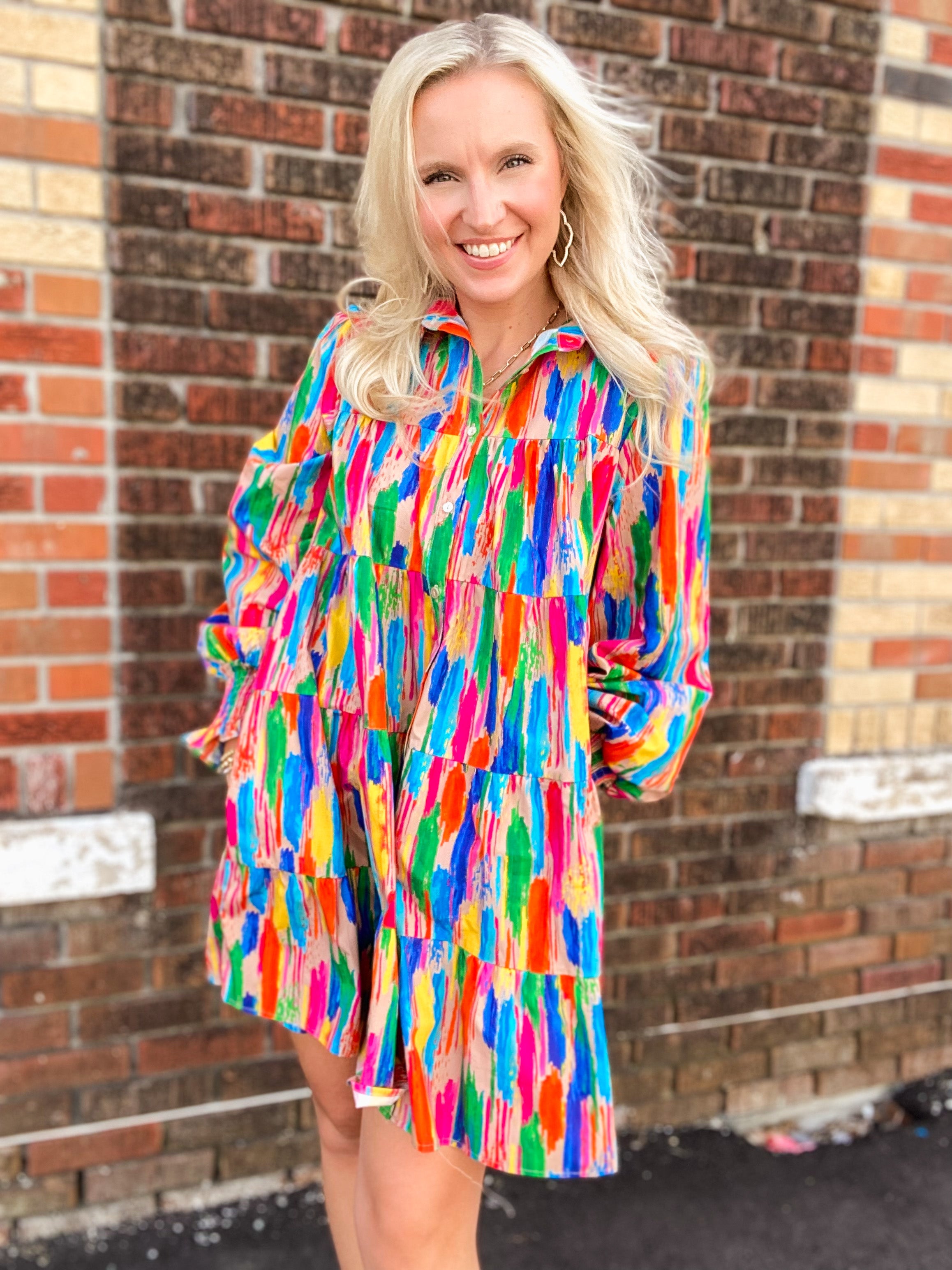Let's Keep Moving Multi-Colored Brush Stroke Button Down Dress