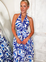 Load image into Gallery viewer, Weekend Bliss Royal Blue Floral Halter Maxi Dress
