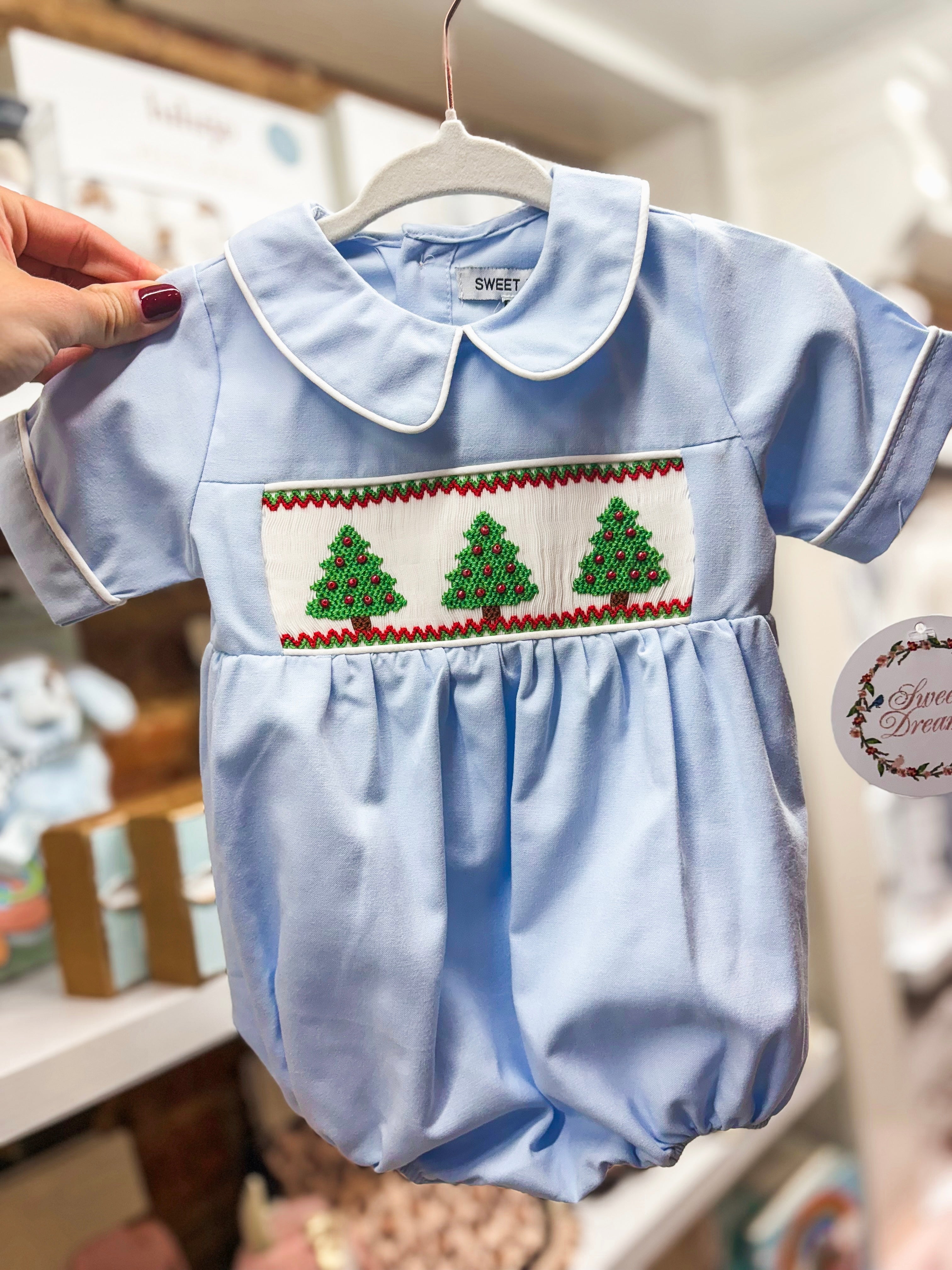 Christmas Tree Smocked Blue Bubble