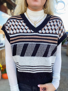 Once Again Black & Ivory Printed Sweater Vest Blouse