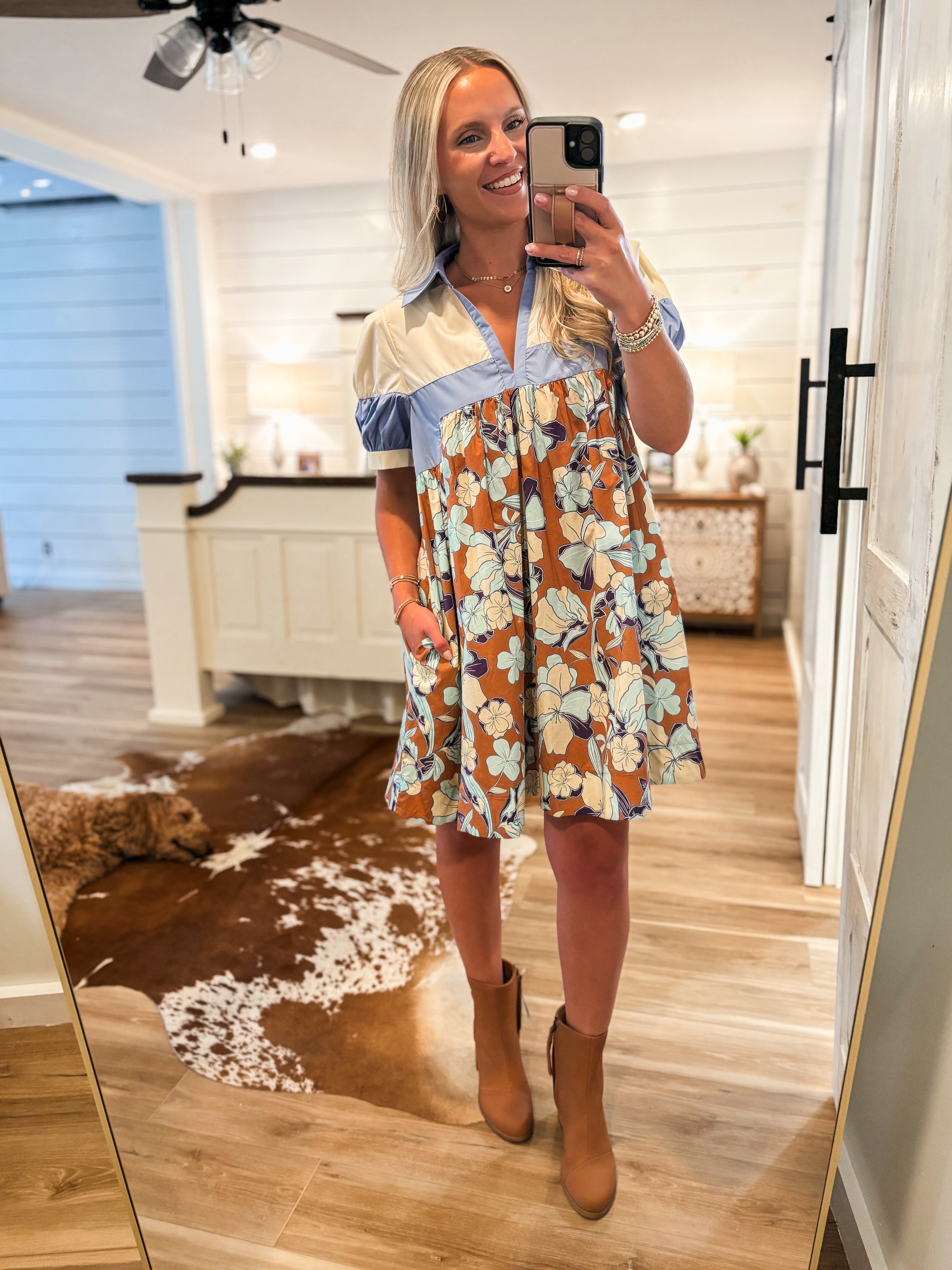Feeling In Fall Rust Floral Mini Dress
