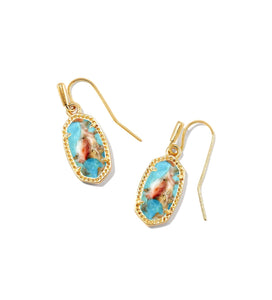 Lee Bronze Veined Turquoise Magnesite Red Oyster Gold Drop Earrings
