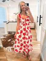 Load image into Gallery viewer, Never Left Red &amp; Ivory Floral Midi Dress
