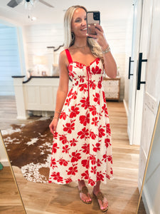 Never Left Red & Ivory Floral Midi Dress