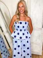 Load image into Gallery viewer, Seat Taken Blue Polka Dot Strapless Midi Dress
